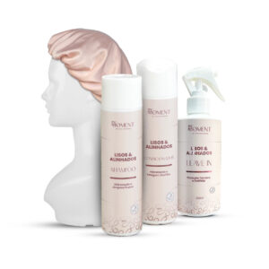 KIT COMPLETO + TOUCA Lisos e Alinhados (shampoo, condicionador, leave-in, touca)